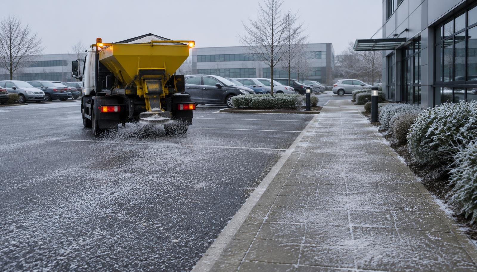 Illustrative winter gritting of a frosted commercial car park and pedestrian route
